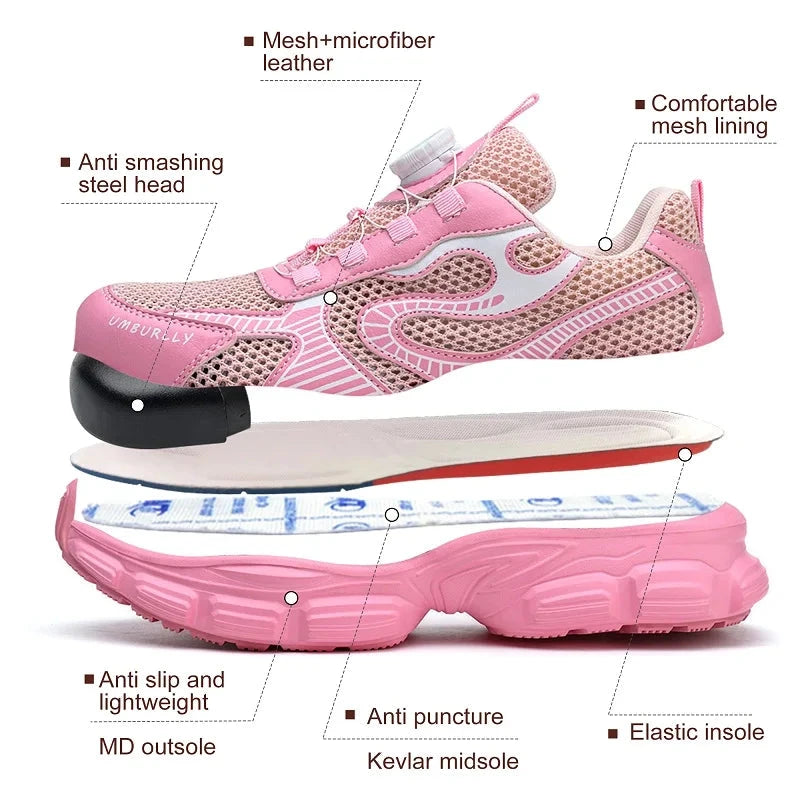 Rotating button Ladies' safety shoes breathable Work Sneakers Steel Toe Shoes Women Protective Shoes Puncture-Proof Work Shoes GlowCart