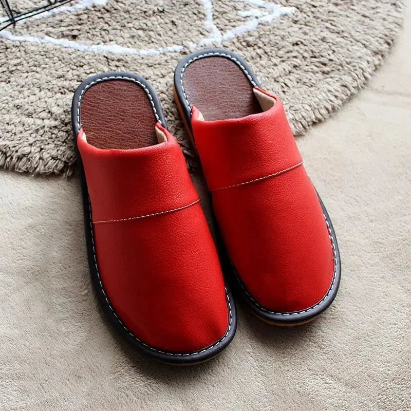 Indoor Leather Slippers Men Home Cheap Shoes Women Spring Autumn New Style Flat Mules High Quality Unisex House Slippers GlowCart