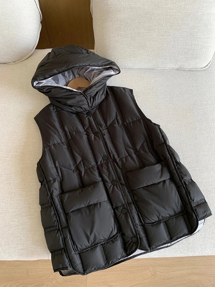 Autumn Winter Lightweight Hooded Down Vest Female Single GlowCart