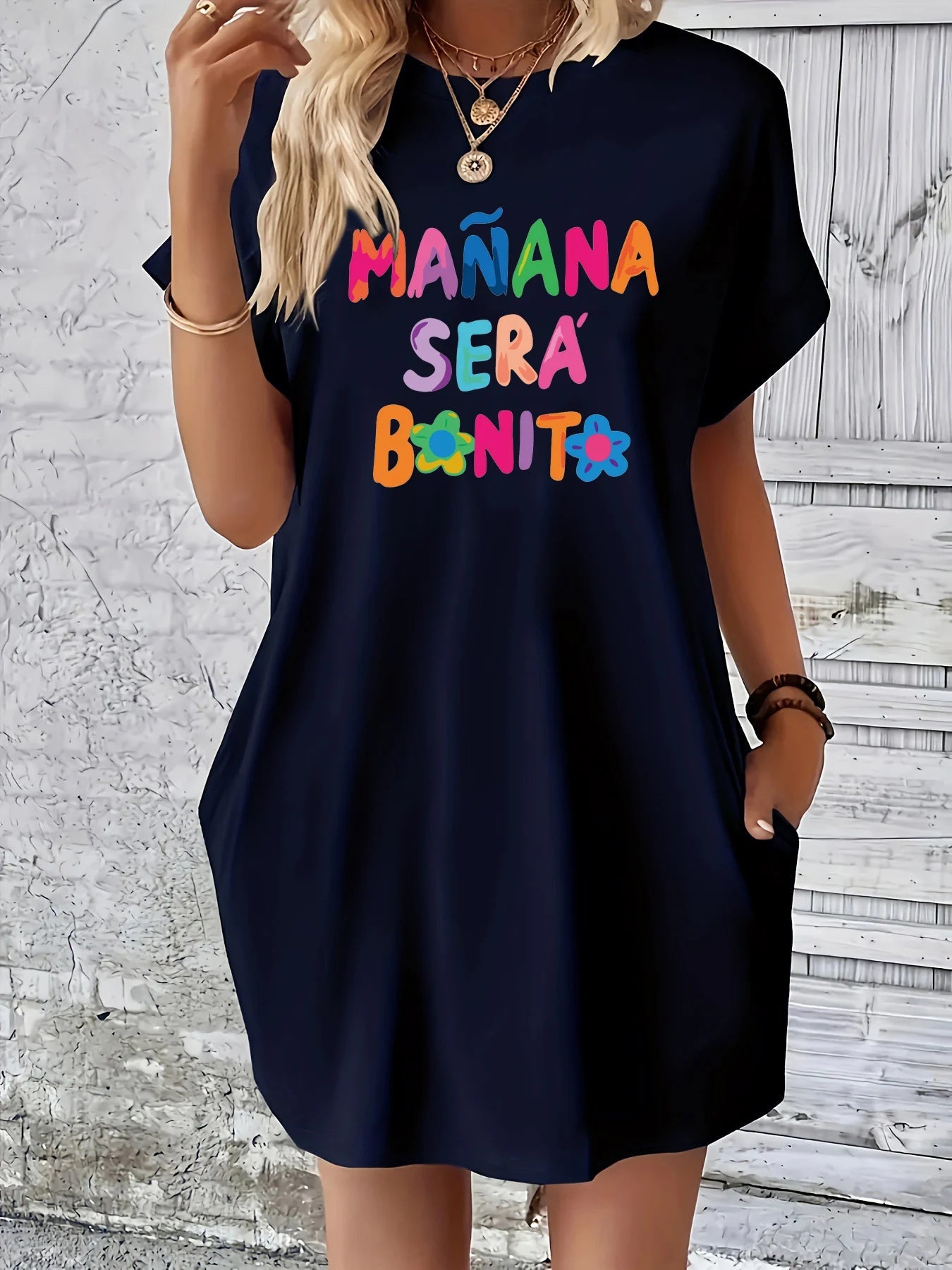 Women's MANANA letter print loose short sleeved round neck pocket summer Women's Dress Casual plus size casual dress GlowCart