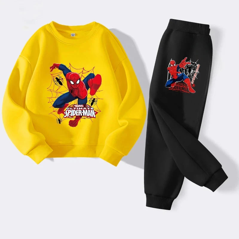 Disney Boys Casual Hoodies Sets Cartoon Spider-Man Printed Children's Pullover Long Pant Two Piece Suit Autumn Kids Sweatsuit GlowCart