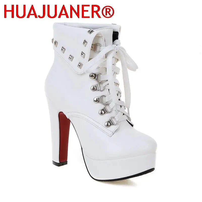 Winter Style Thick High Heels Rivets Lace Up Ankle Boots GlowCart