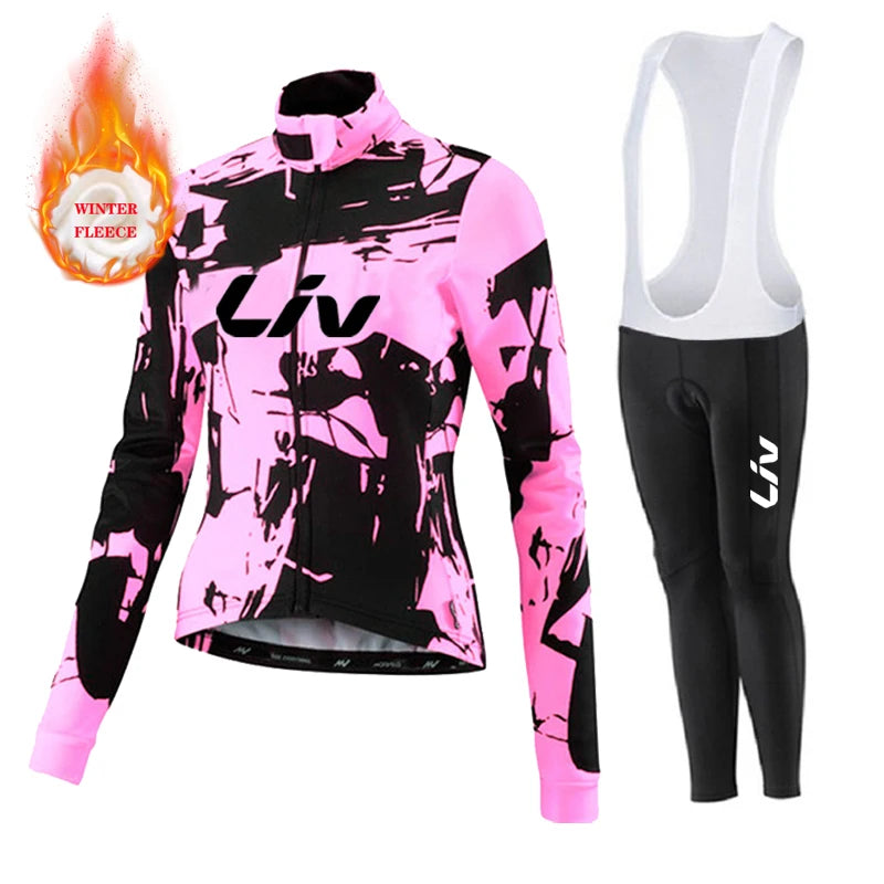 Liv Women Team Winter Fleece Long Sleeve Cycling Jersey Set Mountian Bicycle Clothes Wear Ropa Ciclismo Racing Bike Jersey Suit GlowCart