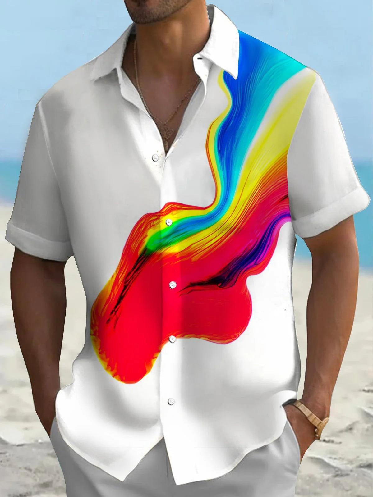 New Hawaii Spring/Summer Fashion Leisure Street Walk Tourist Beach Printed Full Open Short Sleeve Button Shirt, XS-5XL GlowCart