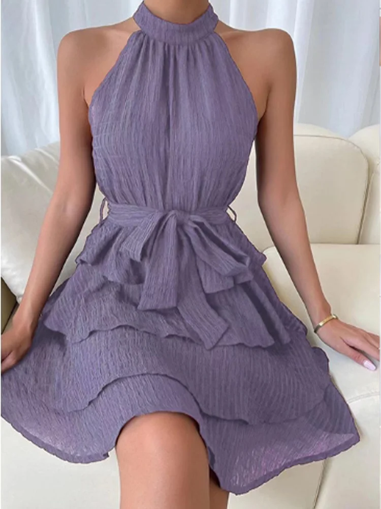 Stylish Sleeveless Off Shoulder Multi-Layered Ruffle Edge Dress Women's Solid Color Mini Dress Party A Line Dresses GlowCart