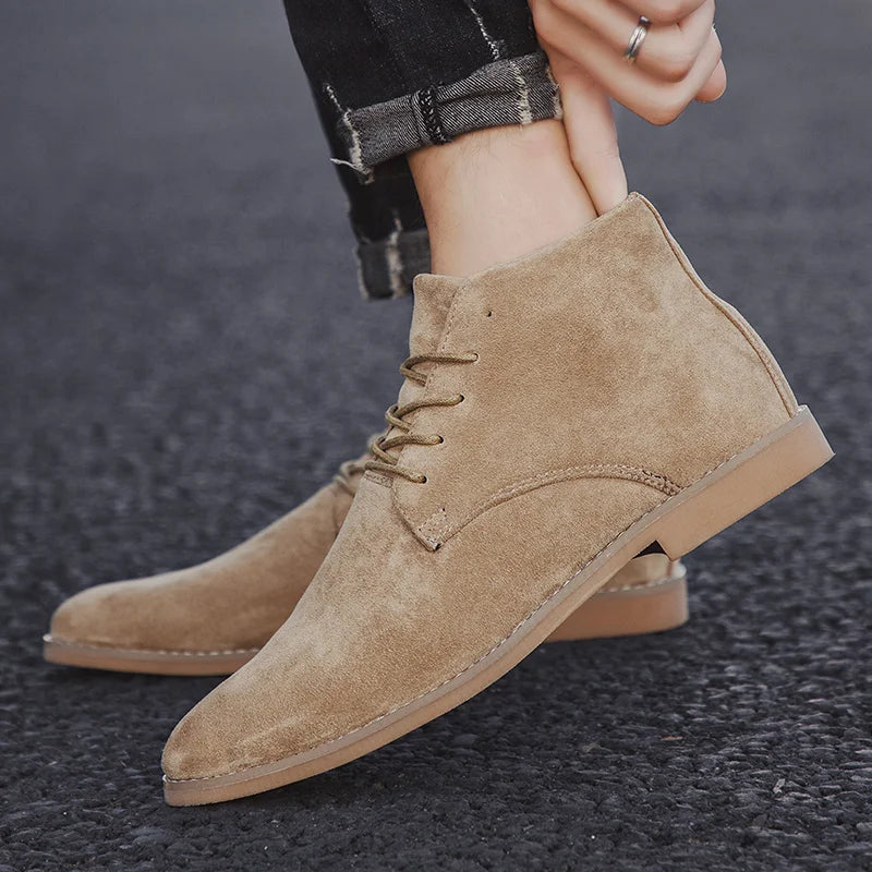 Fashion Khaki Chelsea Boots Men British Style Suede Leather Shoes Men Pointed -toe Men Dress Boots High top Design Ankle Boot GlowCart