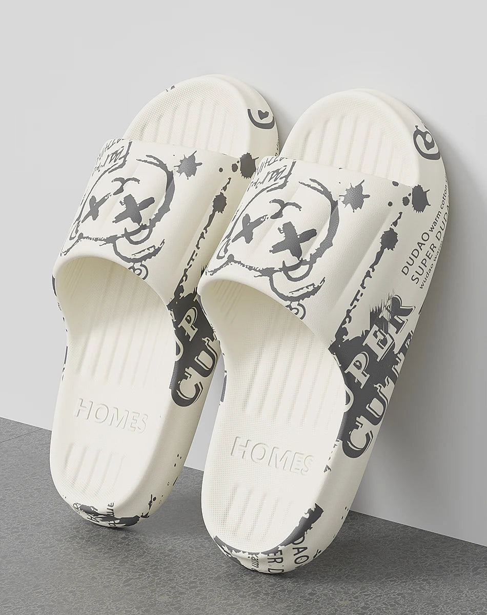 Summer Plus Size 48-49 Graffiti Bear Print Men Slippers Home Flip Flops Thick Couple Women Beach Shoes Sandals GlowCart