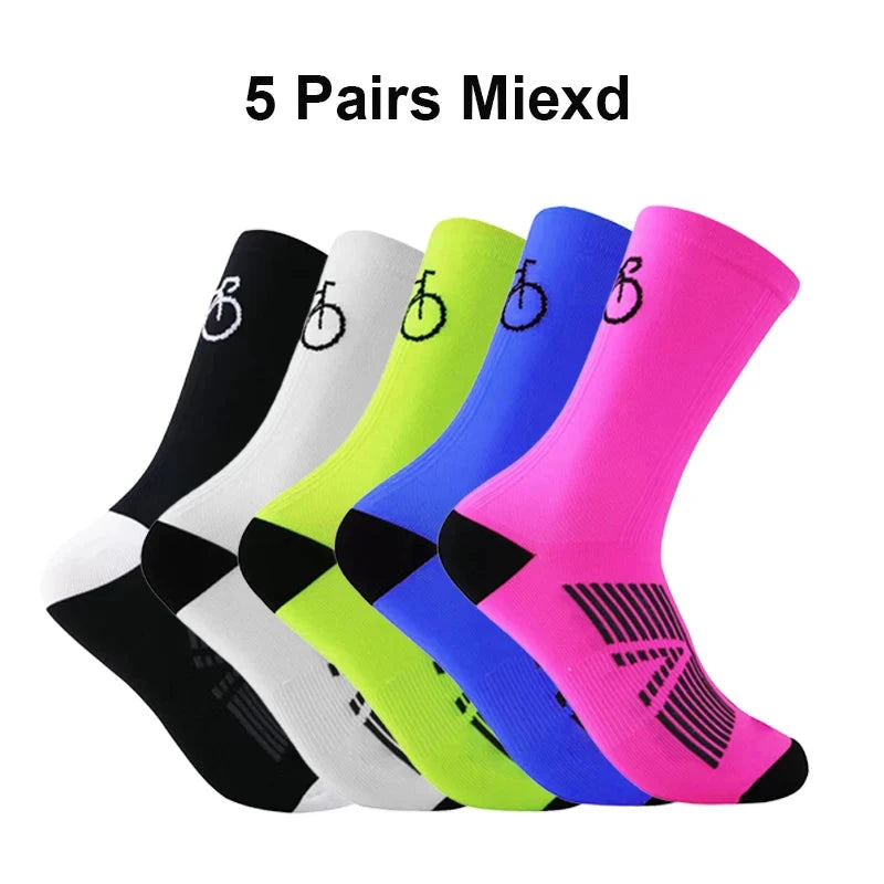 5Pairs Cycling Socks Men MTB Bike Sock Breathable Road Bicycle Sock Football Men Women Mid Tube Outdoor Sport Racing Sock Winter GlowCart