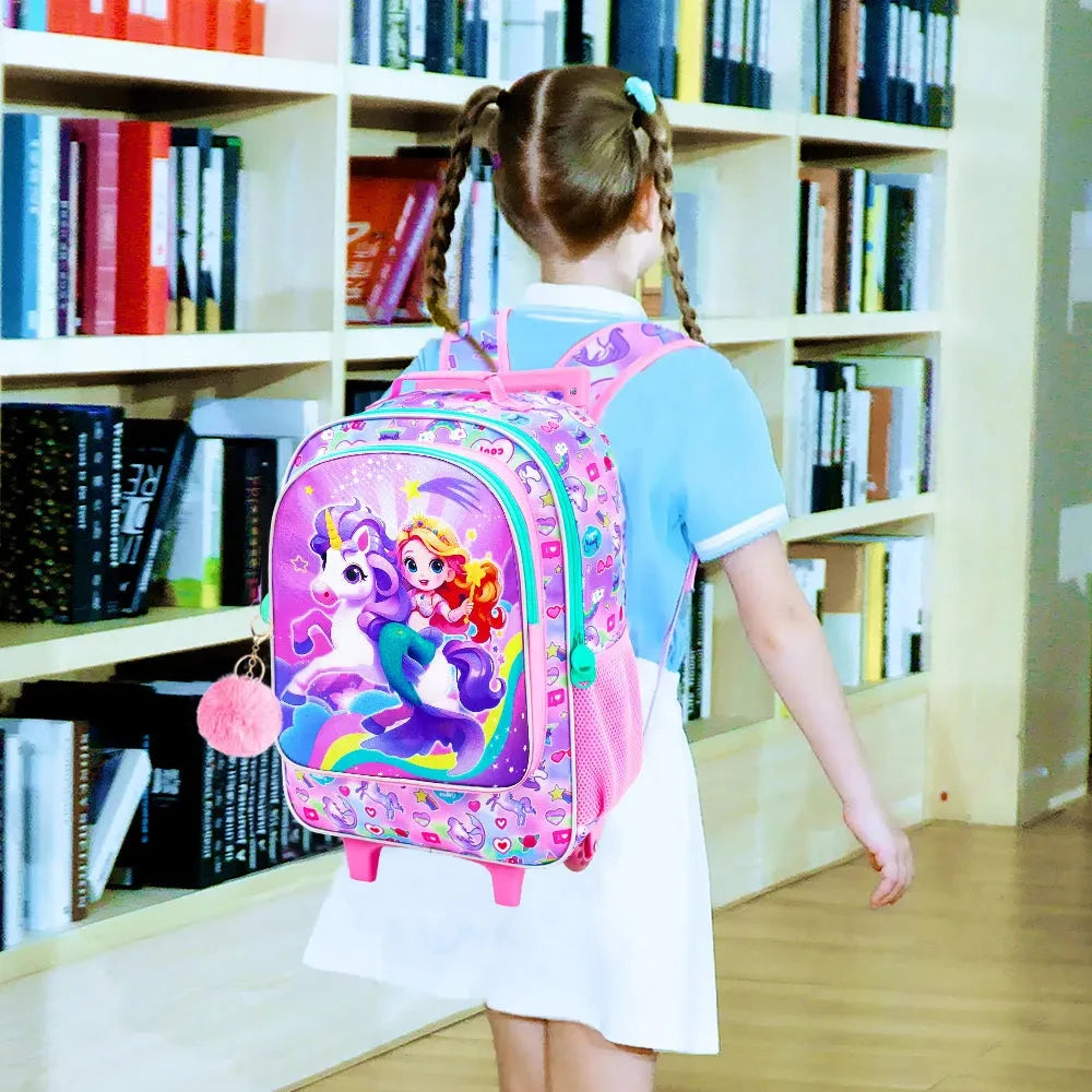 4PCS Rolling Bookbag for Girls, Cute Kids Mermaid Wheeled Backpack，Unicorn Roller School Bag with Wheels for Elementary Preschoo GlowCart