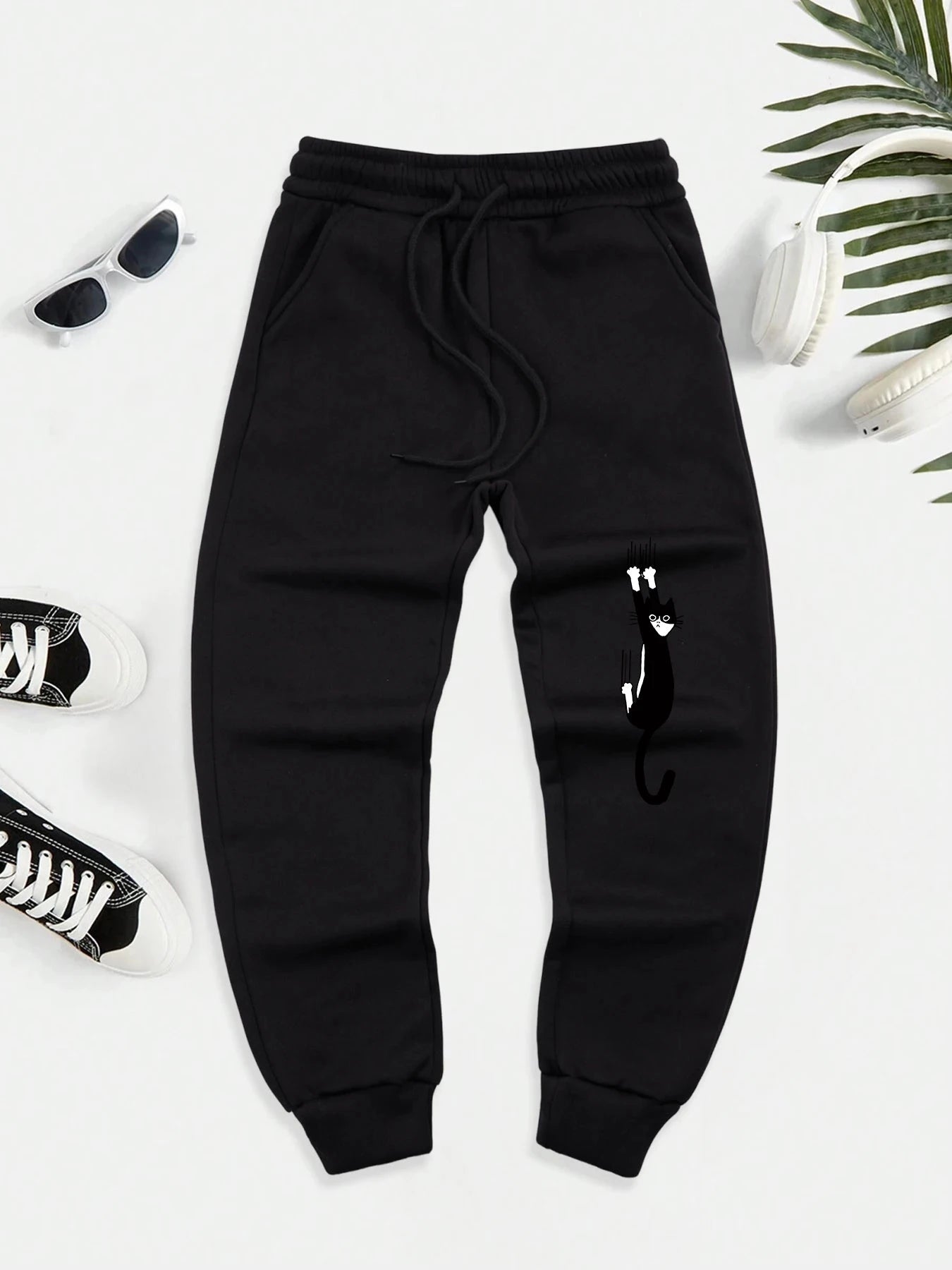 Black Cat Scratch Printed Men Autumn Warm Sweatpant Casual GlowCart