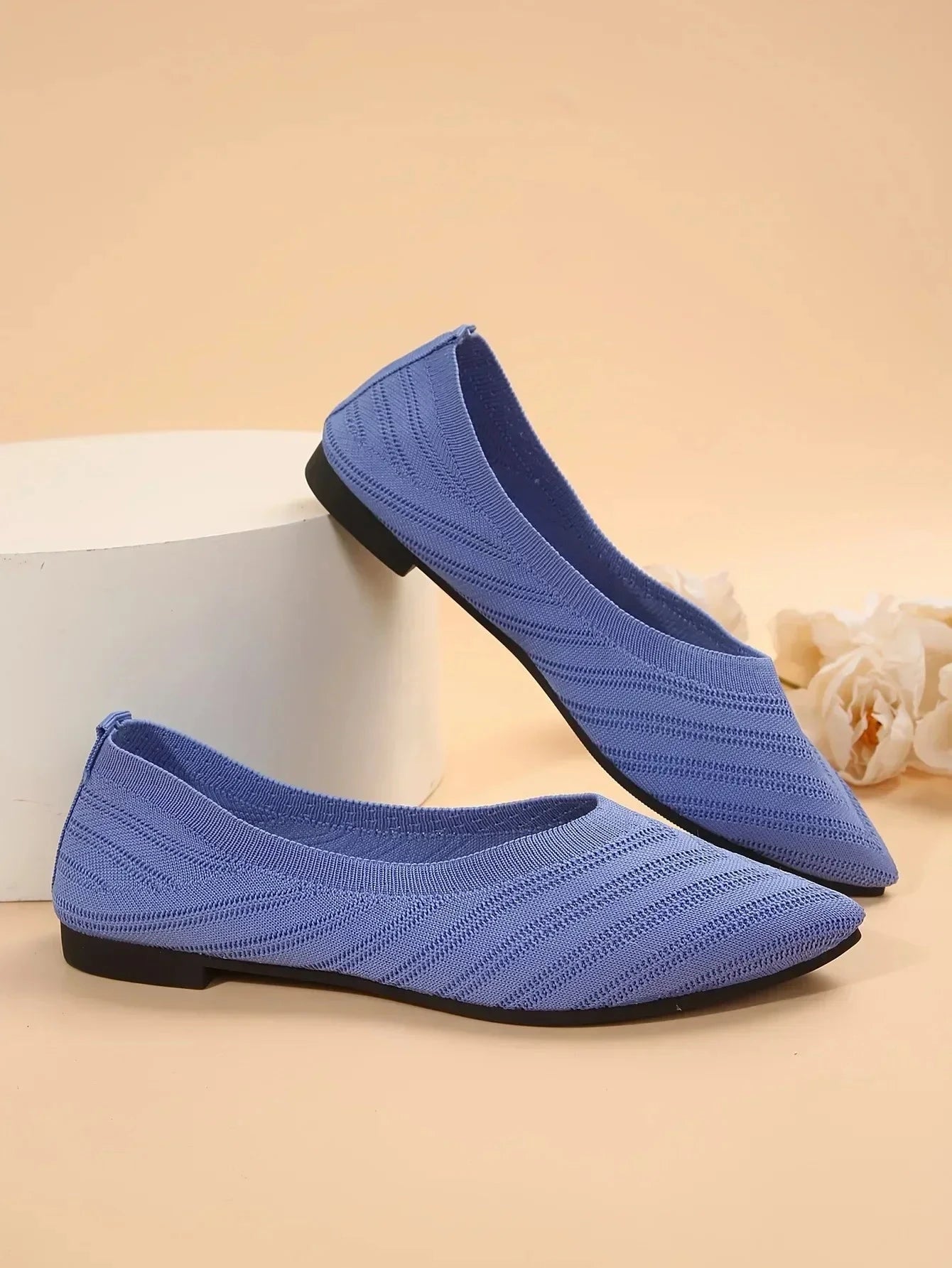 New 2024 Pointed Toe Flat Office Boat Solid Color Knitted GlowCart