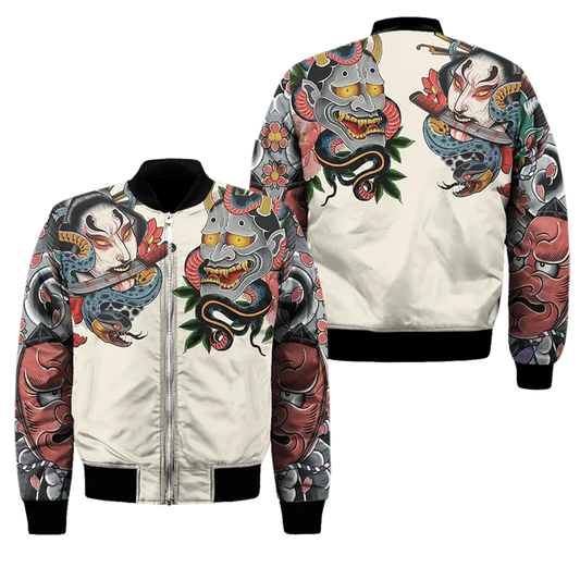 Spring Autumn Mens Bomber Jacket Samurai Oni Mask Tattoo 3D All Over Printed Zip Tracksuits Unisex Casual Zipper Jacket Clothing GlowCart