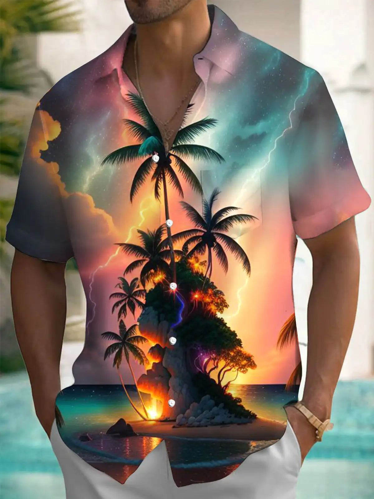 New Hawaii Spring/Summer Fashion Leisure Street Walk Tourist Beach Printed Full Open Short Sleeve Button Shirt, Quick Shipping GlowCart