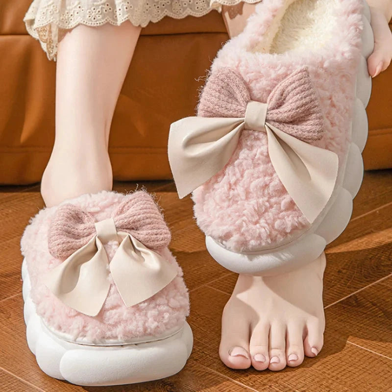 Winter Warm Fur Slippers for Women Cute bow House Non Slip GlowCart