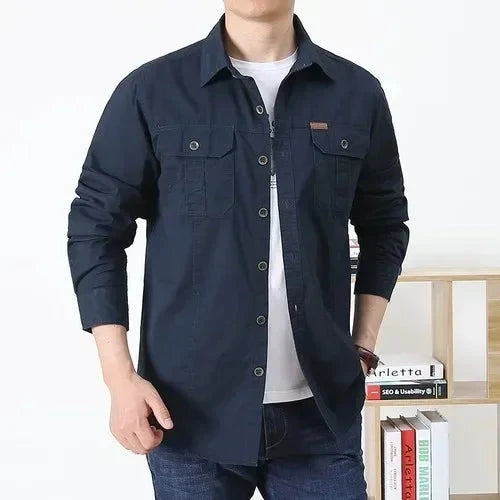 High-quality washed cotton shirt men's long-sleeved lapel GlowCart