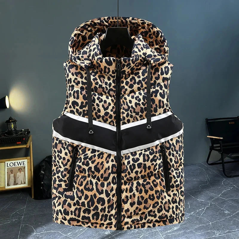 Winter Sleeveless Jacket Men Leopard Print Outerwear Vest GlowCart