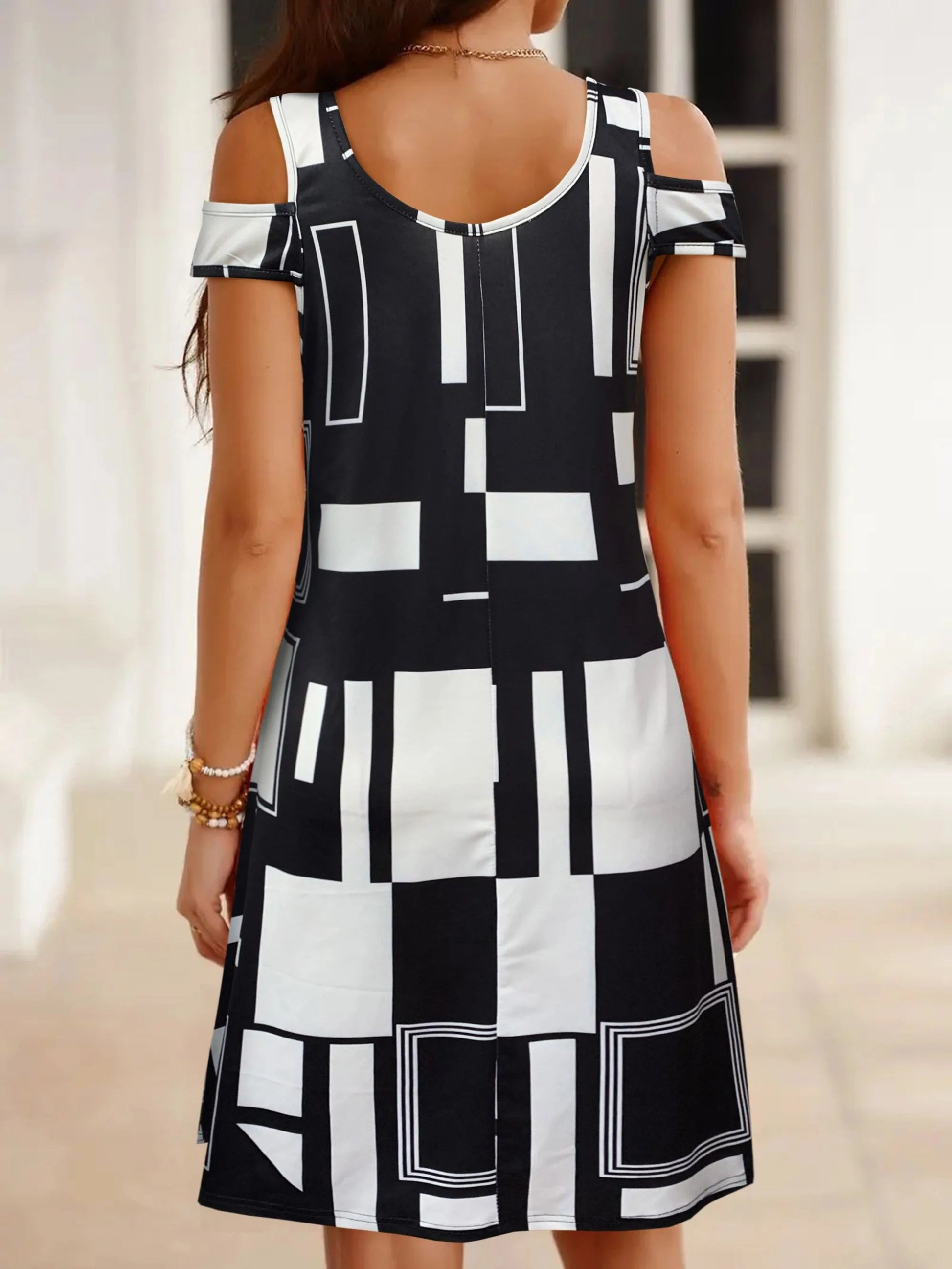 Summer Geometric Pattern Off-shoulder V-Neck Dress For Women,Casual Summer Sundress, Flowy Everyday Mini Dress GlowCart