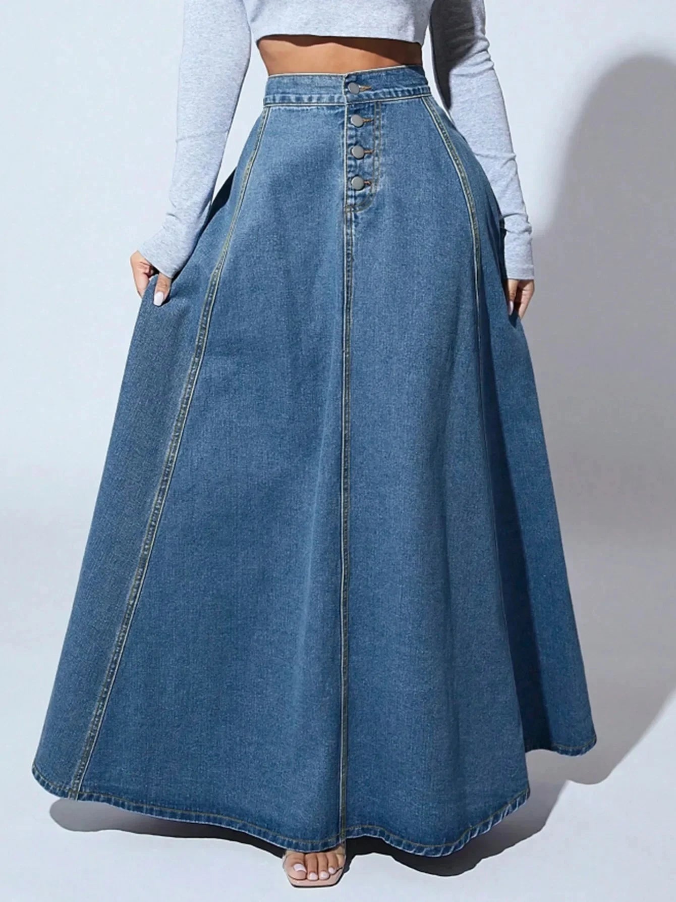 Denim Skirts Women Long Skirt A Line Single Breasted High Waist Jeans Vintage Maxi Simple Casual Elegant Splice Y2k Streetwear GlowCart