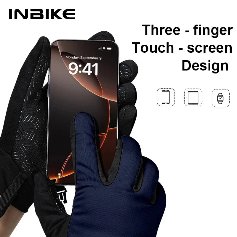 INBIKE Windproof Fleece Men's Cycling Gloves Warm Full Finger Touch Screen Shock Absorbing Anti-Slip Long Finger Road Bike GlowCart