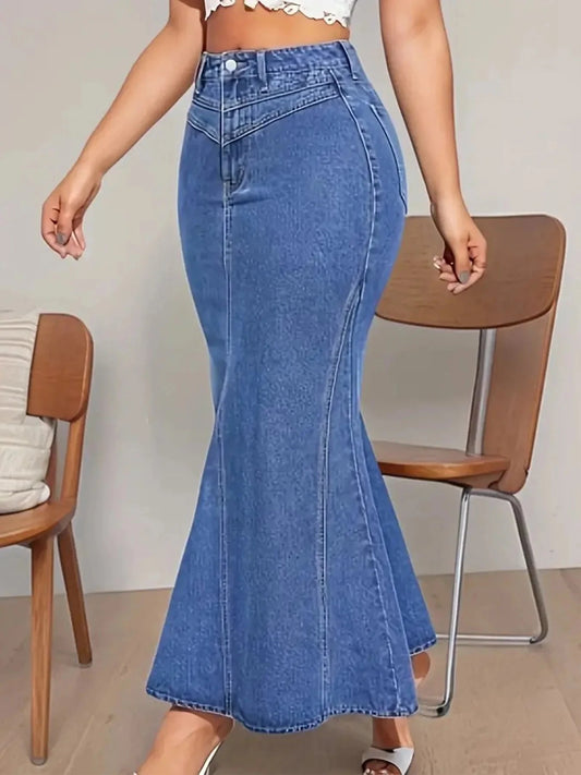 Ladies Retro Fashion Denim Fishtail Skirt, Slim Fit, Mid-Waist, Elastic, Stylish Denim Half Skirt GlowCart