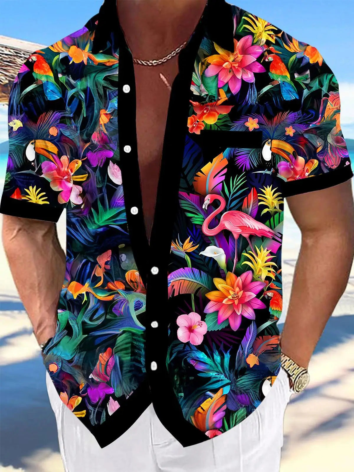 New Hawaii Spring/Summer Fashion Leisure Street Walk Tourist Beach Printed Full Open Short Sleeve Button Shirt, Quick Shipping GlowCart