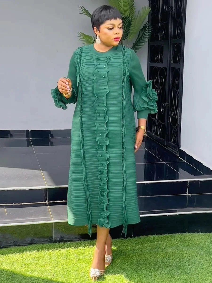 EGRM Miyake Pleated Dress Round Collar Full Sleeve Ruffles GlowCart