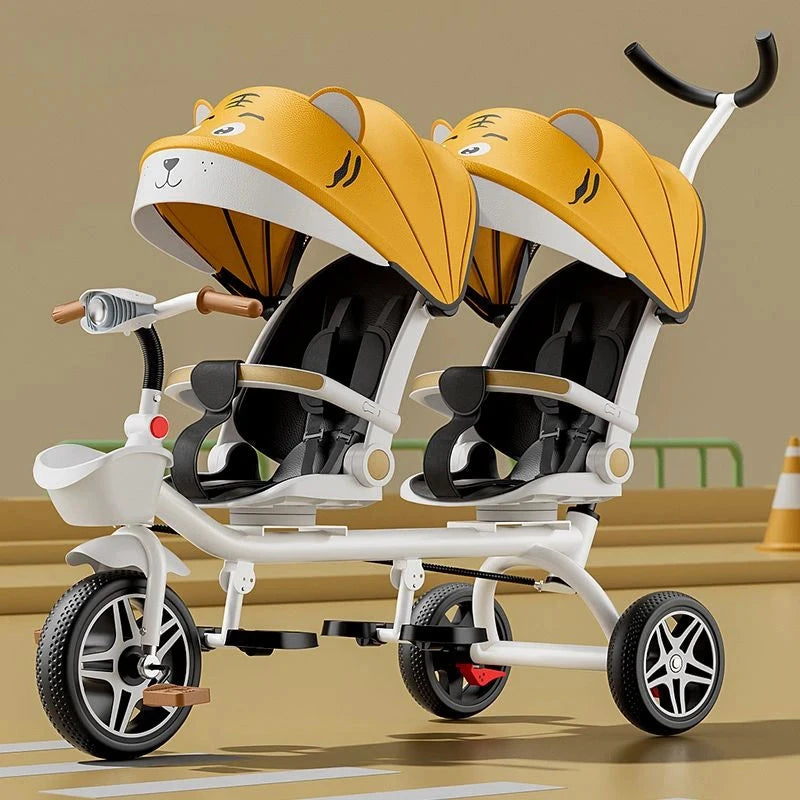 Multifunctional Twin Children's Tricycle Foldable Baby Bicycle Two-way Twin Baby Stroller Swivel Seat Double Stroller GlowCart