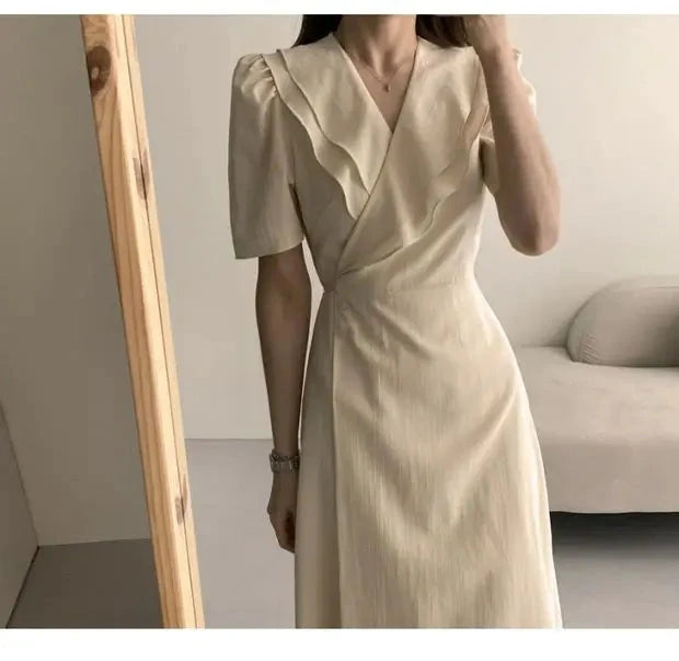 Summer New Chic V-ne Turn-down Collar Slimming Waist Midi Dr GlowCart