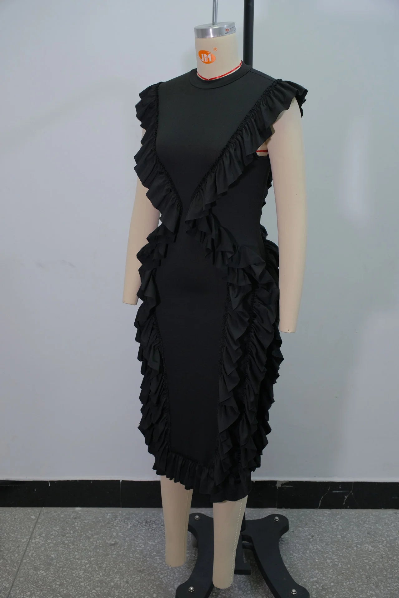 Women Plus Size Skinny Dress Round Neck Tassel Ruffle Hem