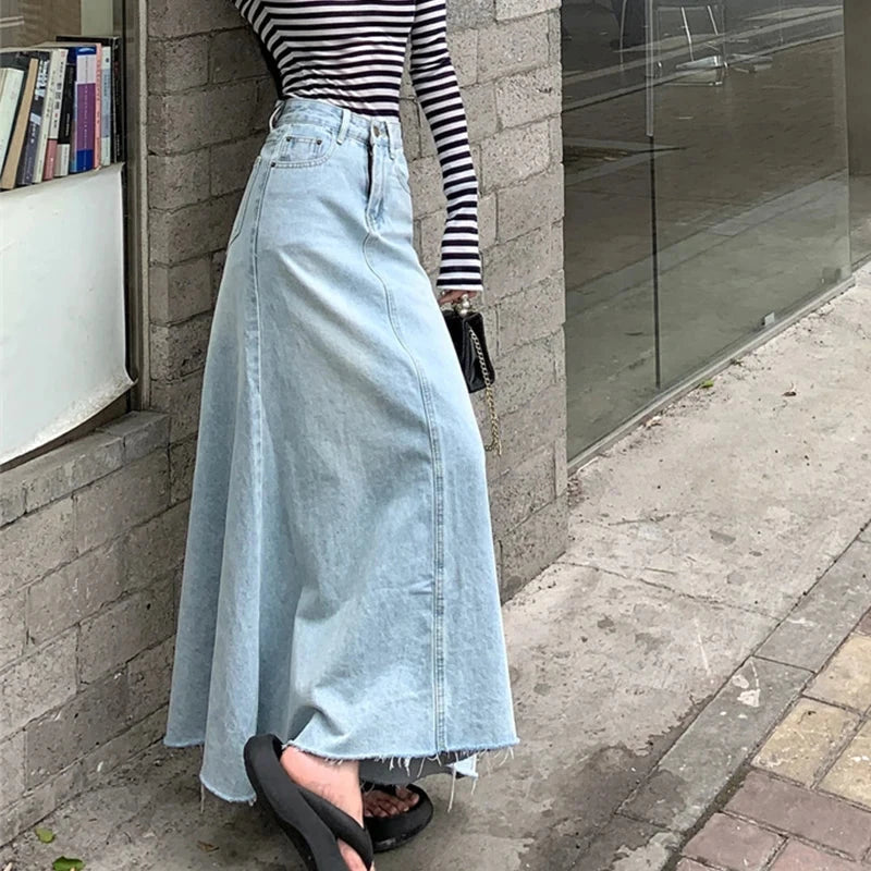 Autumn 2025 High Waist A-Line Denim Skirt for Women Y2K Style with Raw Hem Flared Maxi Bodycon Trend Retro GlowCart