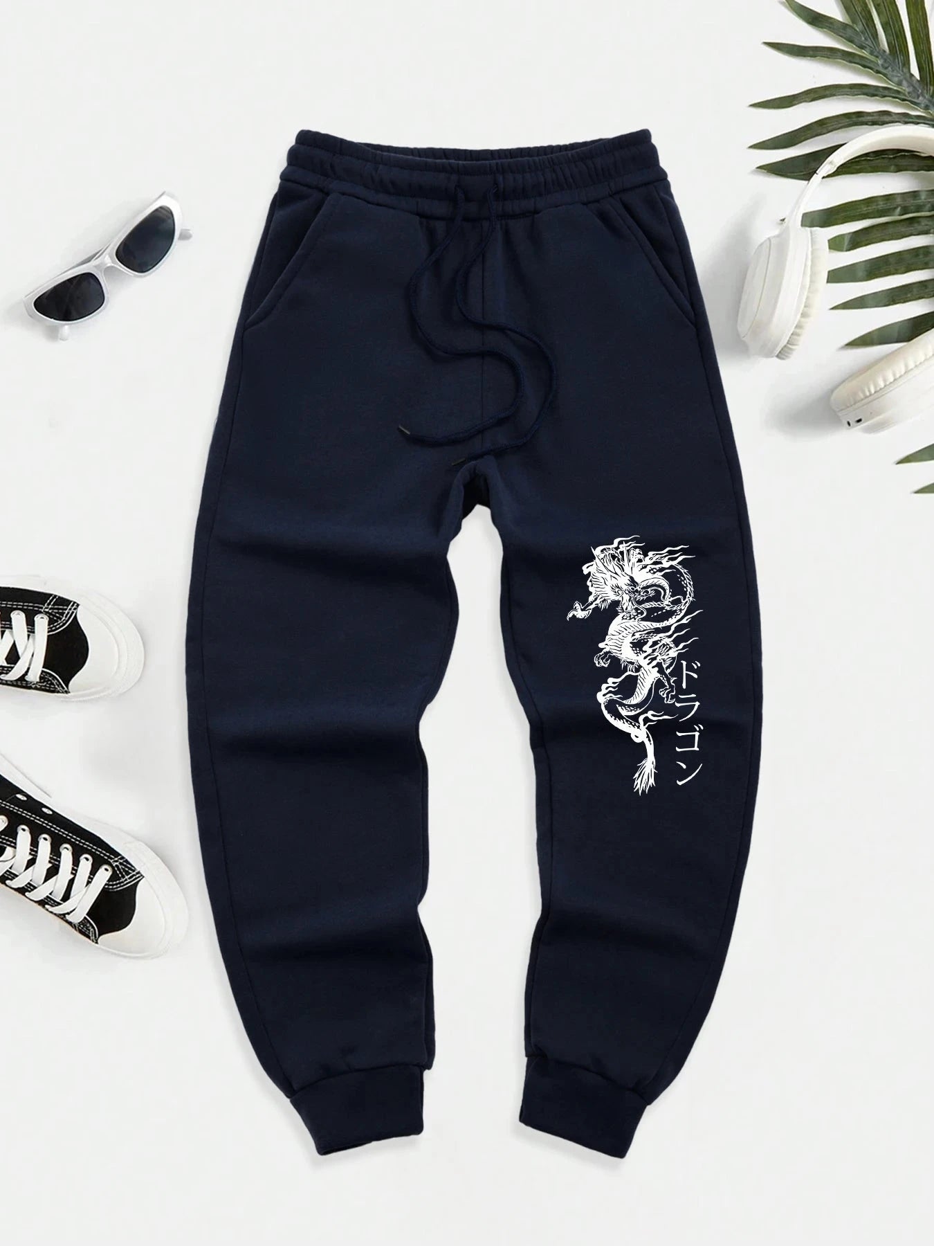Japanese Word And Dragon Print Men New Warm Pants Fleece GlowCart