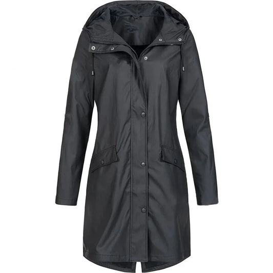 Women Casual Solid Color Long Coat Waterproof Zipper Rain GlowCart