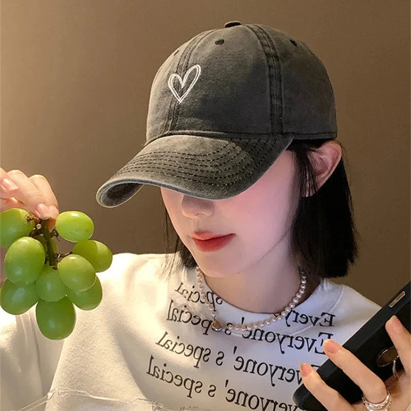 Summer Women Baseball Cap Peach Heart Embroidered Wash Denim GlowCart