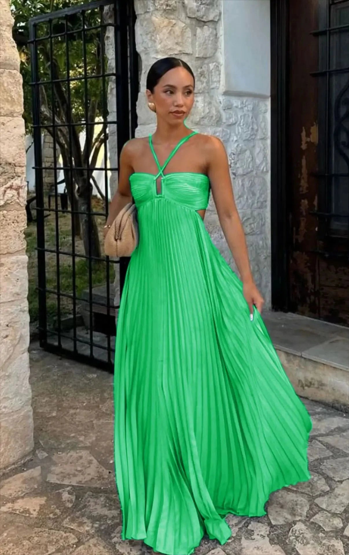 2025 High Waist Pleats Robe Dress Casual Sleeveless Solid GlowCart