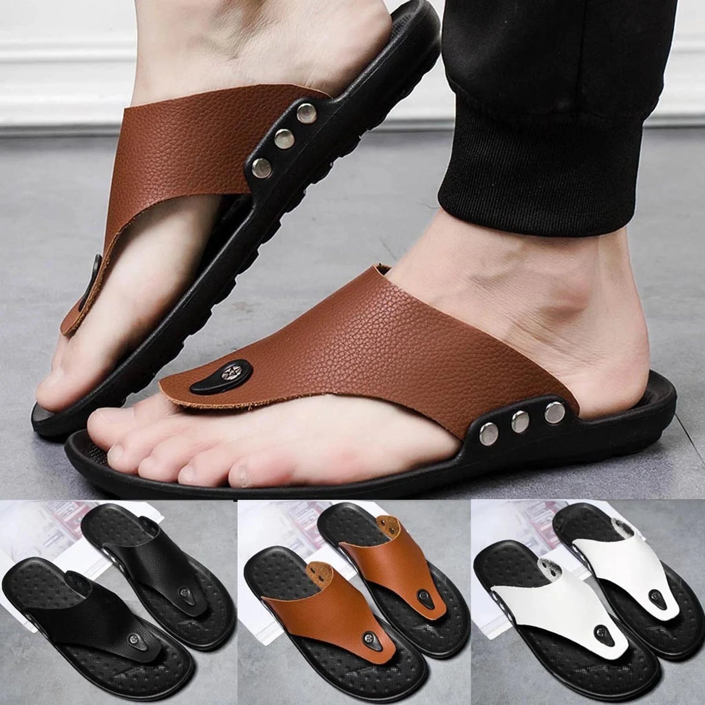 Men'S Summer Beach Sandals Slippers Fashion Non-Slip Flip Flops Travel Breathable Flat Shoes Pu Outdoor Flip Flops GlowCart