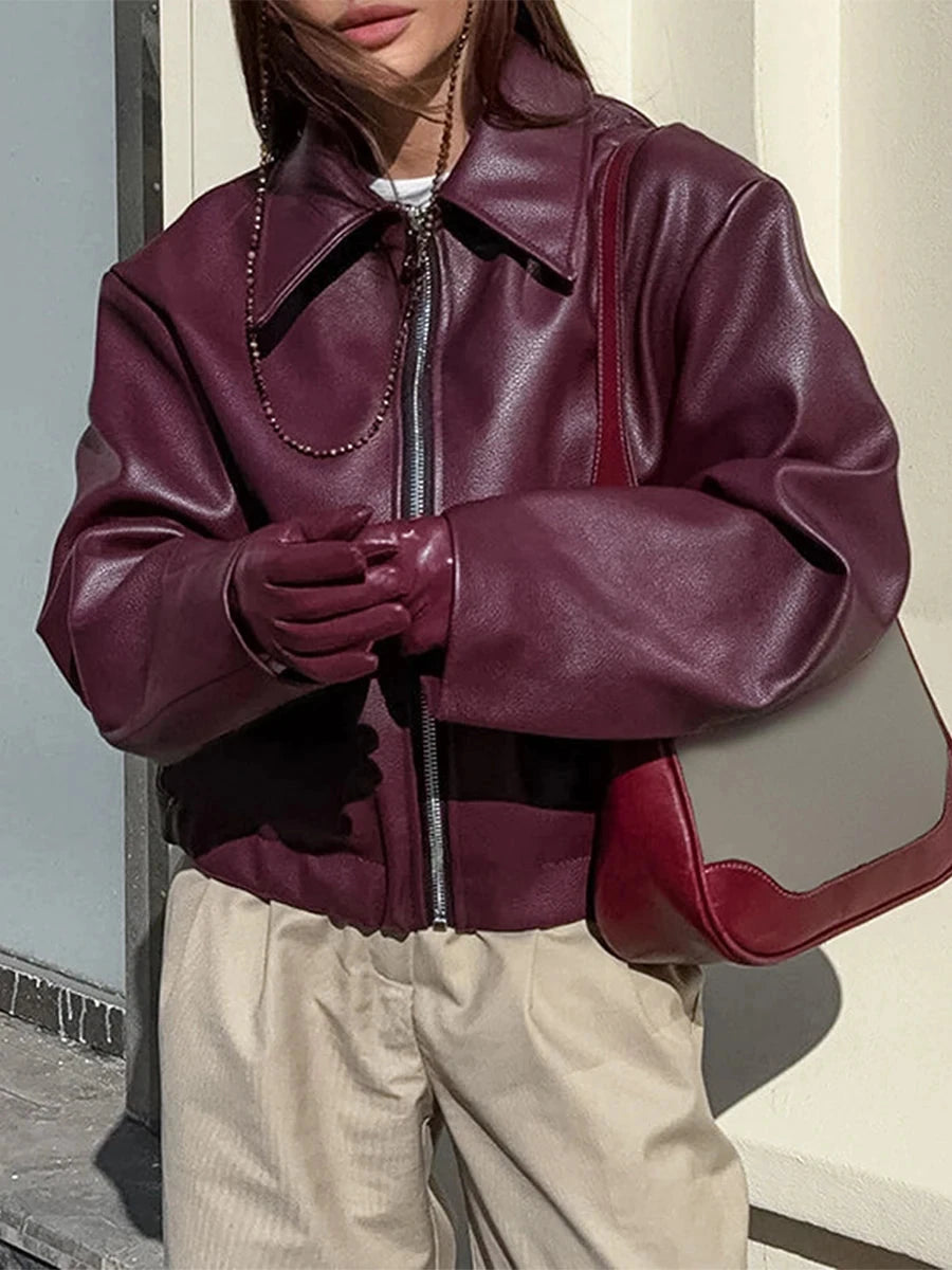 Women s Faux Leather Moto Jacket with Removable Hood Vintage GlowCart