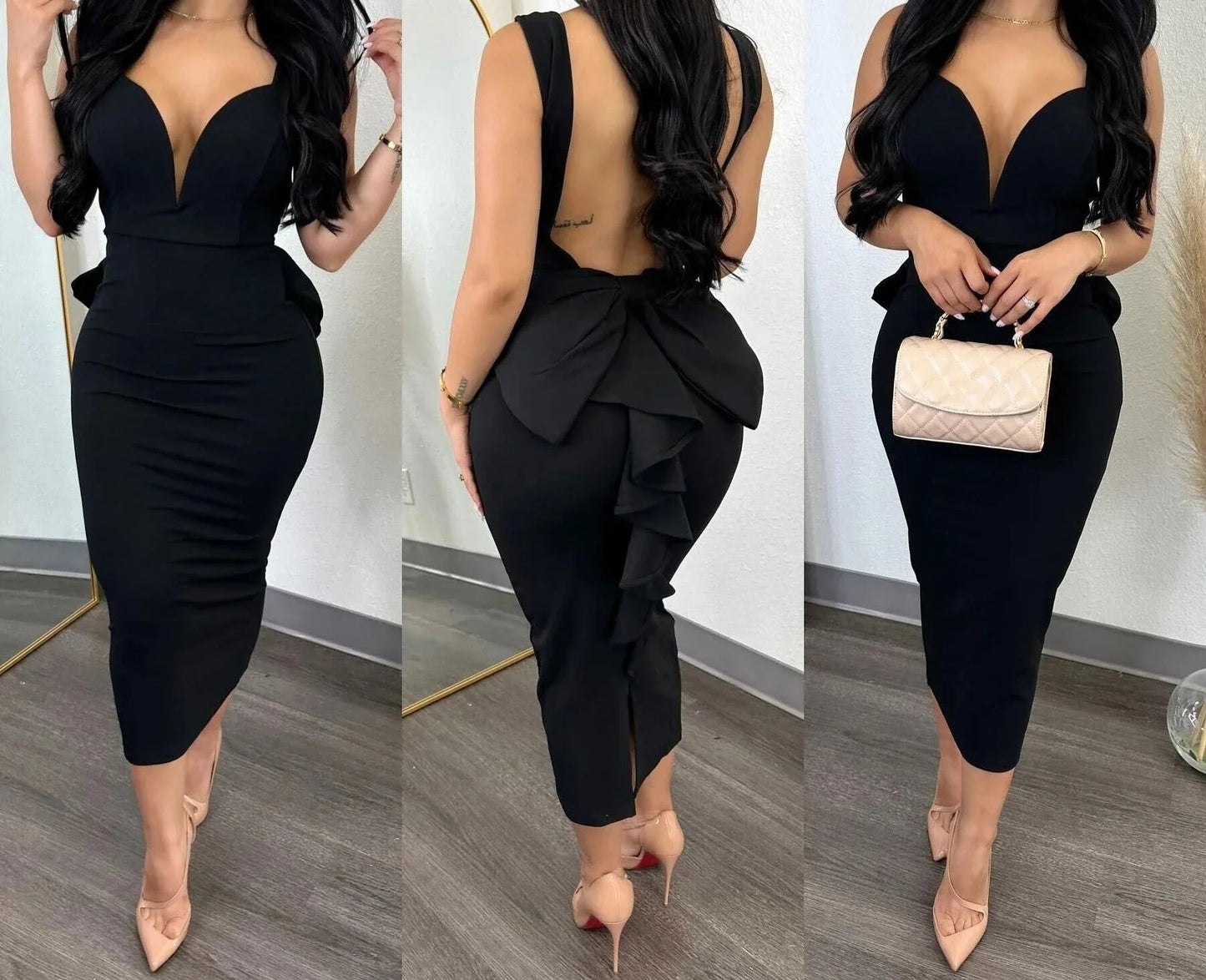 Dress for Women Streetwear Elegant Solid Color Hip Wrap Open Back Deep V High Waist Split Bodycon Dresses 2024 Spring and Summer GlowCart