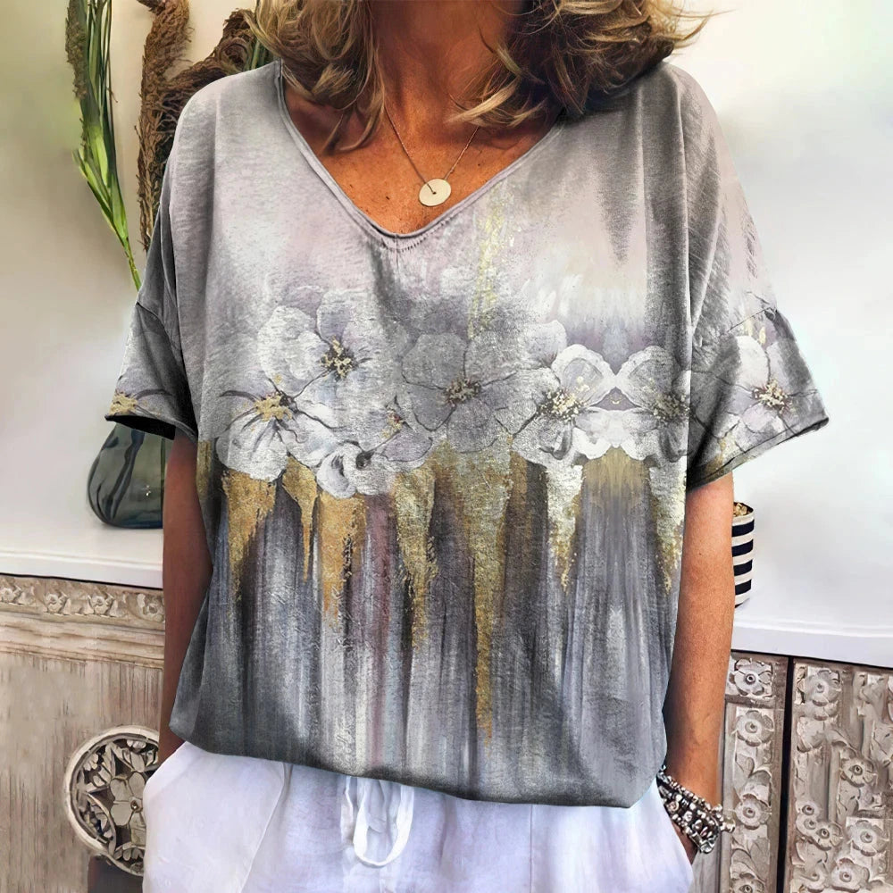 Women's T Shirts V-neck 3d Art Print Tops Loose Short Sleeve GlowCart