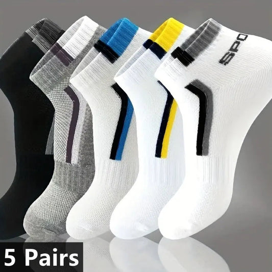 5pairs Men's Fashion Sports Socks, Striped Cotton Sweat Absorption Breathable Comfortable Ankle Socks GlowCart
