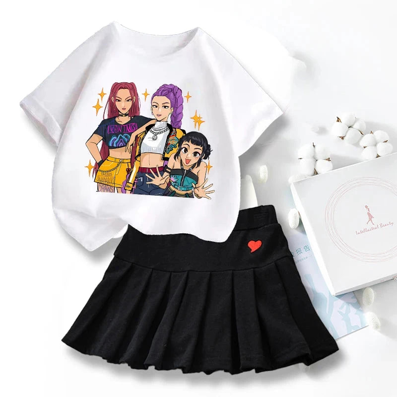 New K Pop Demon Hunters T-shirts Skirt Set Kawaii Cartoon Graphic T-shirt Kids Casual Short Sleeves Tops Summer Girl Clothes GlowCart