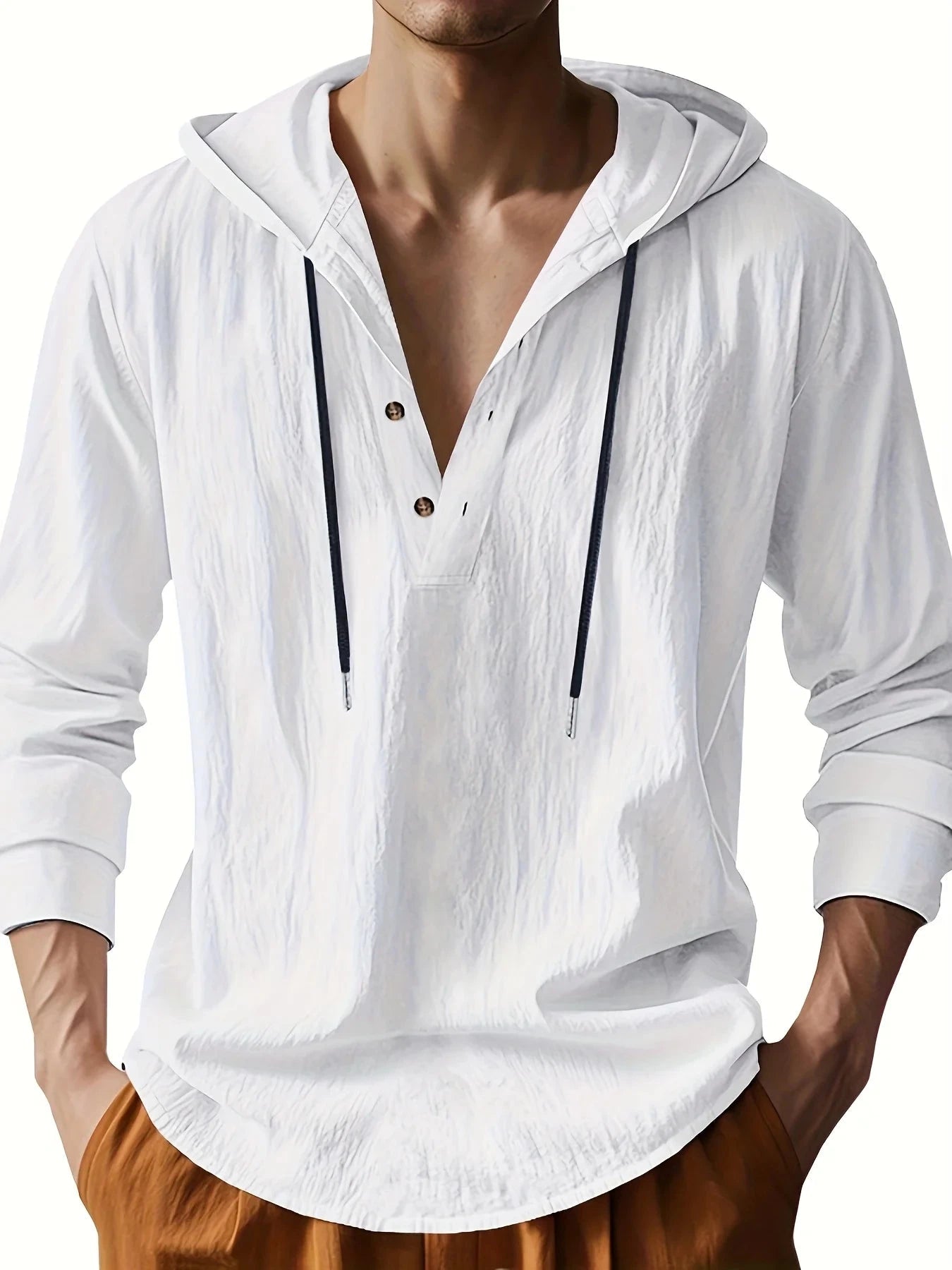 Men's Lightweight Linen Hooded Henley Shirt Casual Long GlowCart