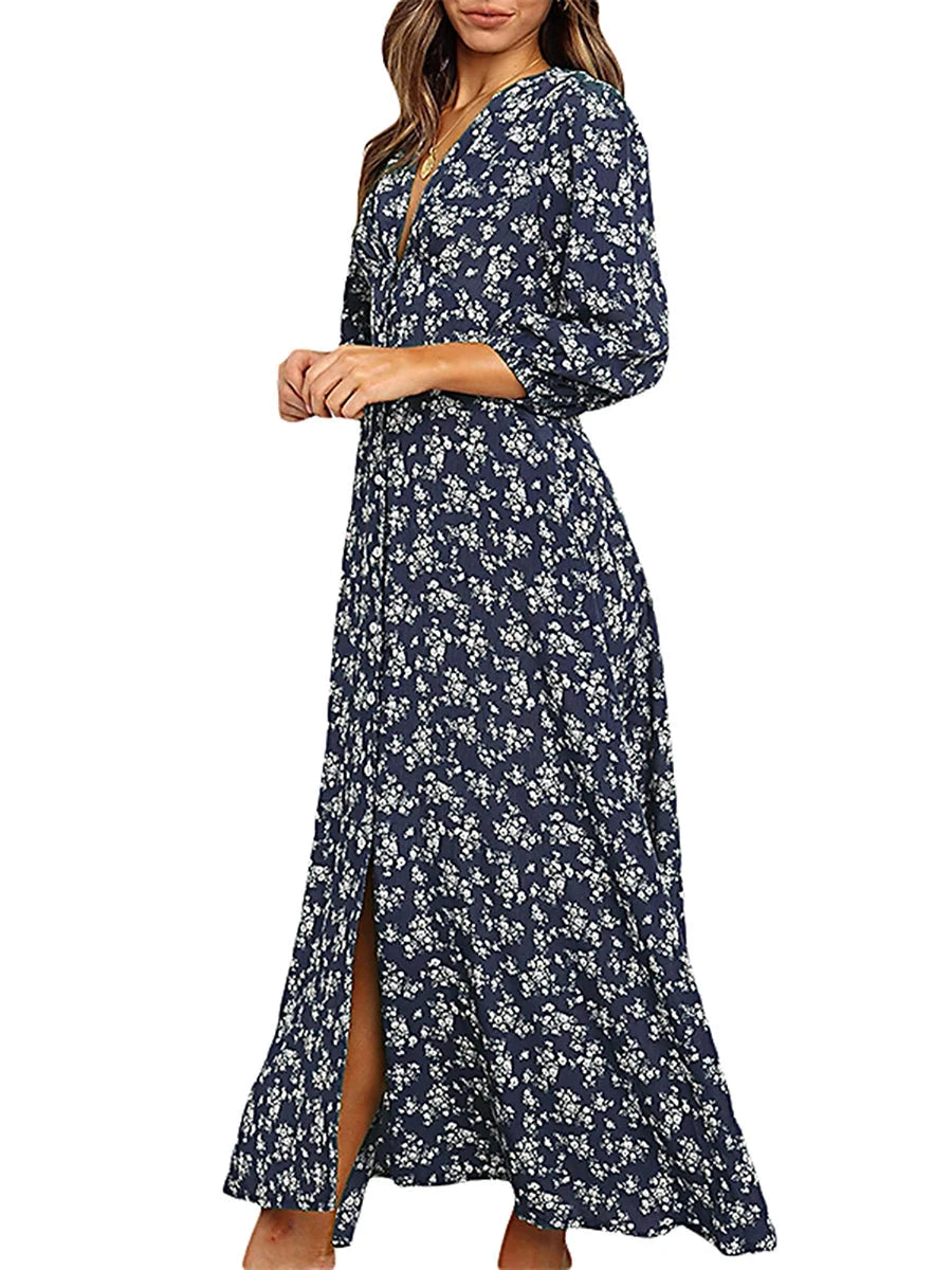 Women's Summer Bohemian Floral Print Long Maxi Dress Retro GlowCart