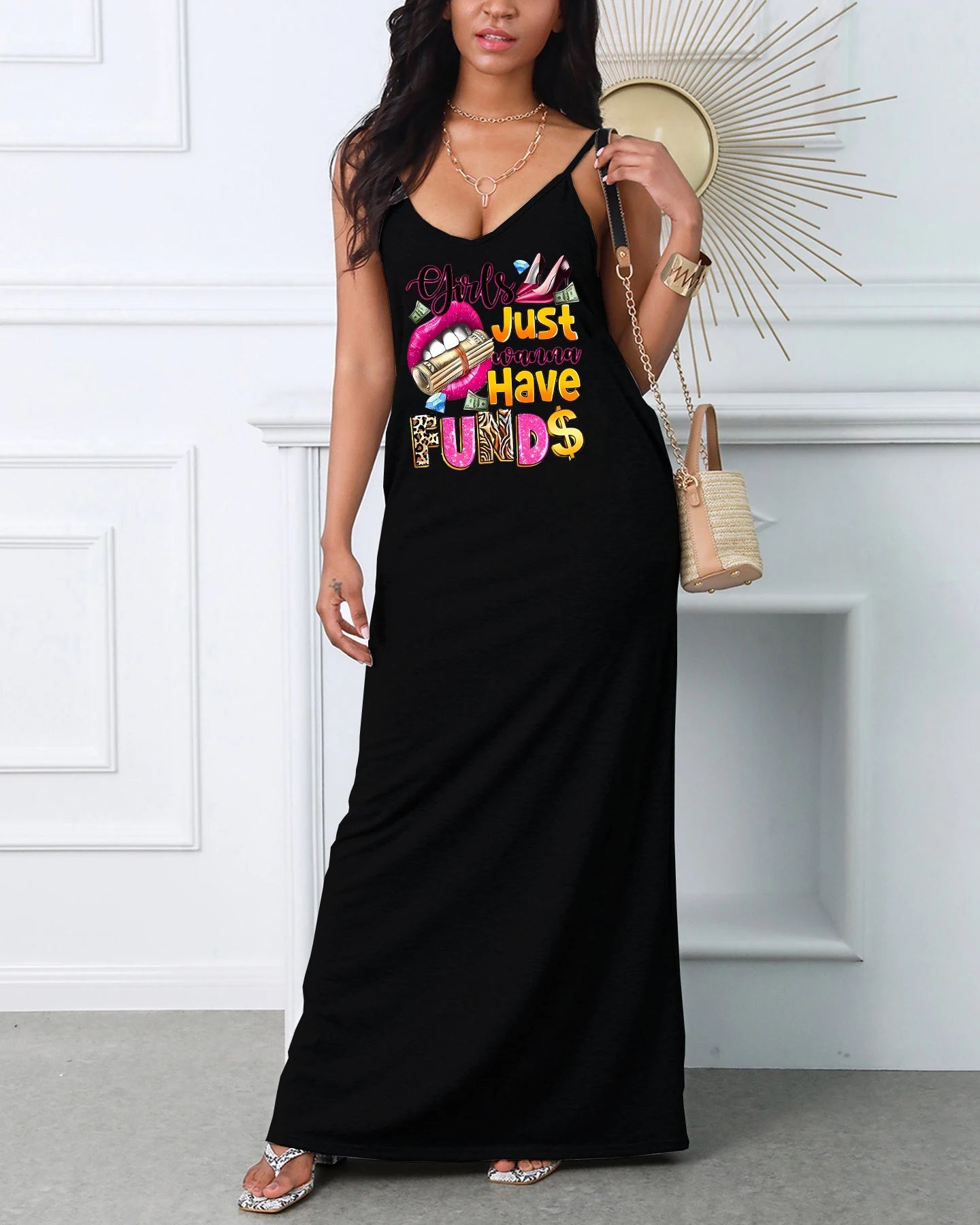 Women's spring and summer lip print letter pattern print suspender sexy dress V-neck slim fit dress casual party clothing GlowCart