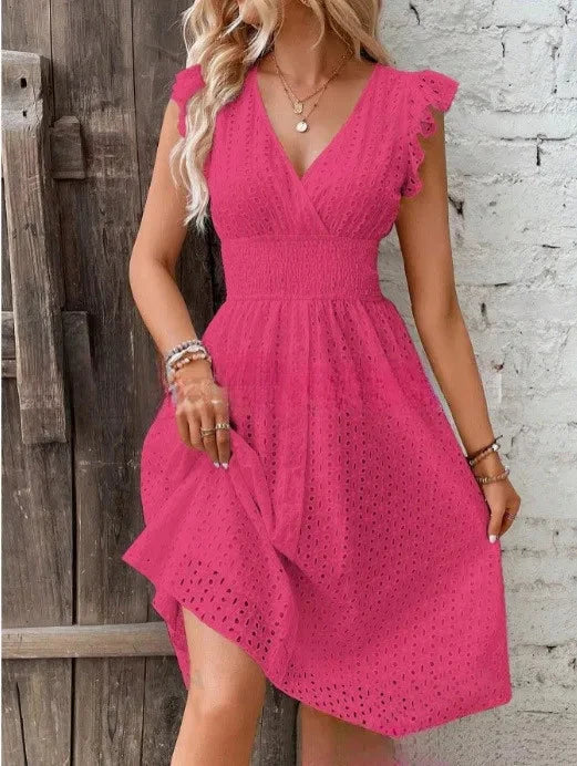 Summer Women V-Neck Beach Dress Flare Sleeve Solid Color GlowCart