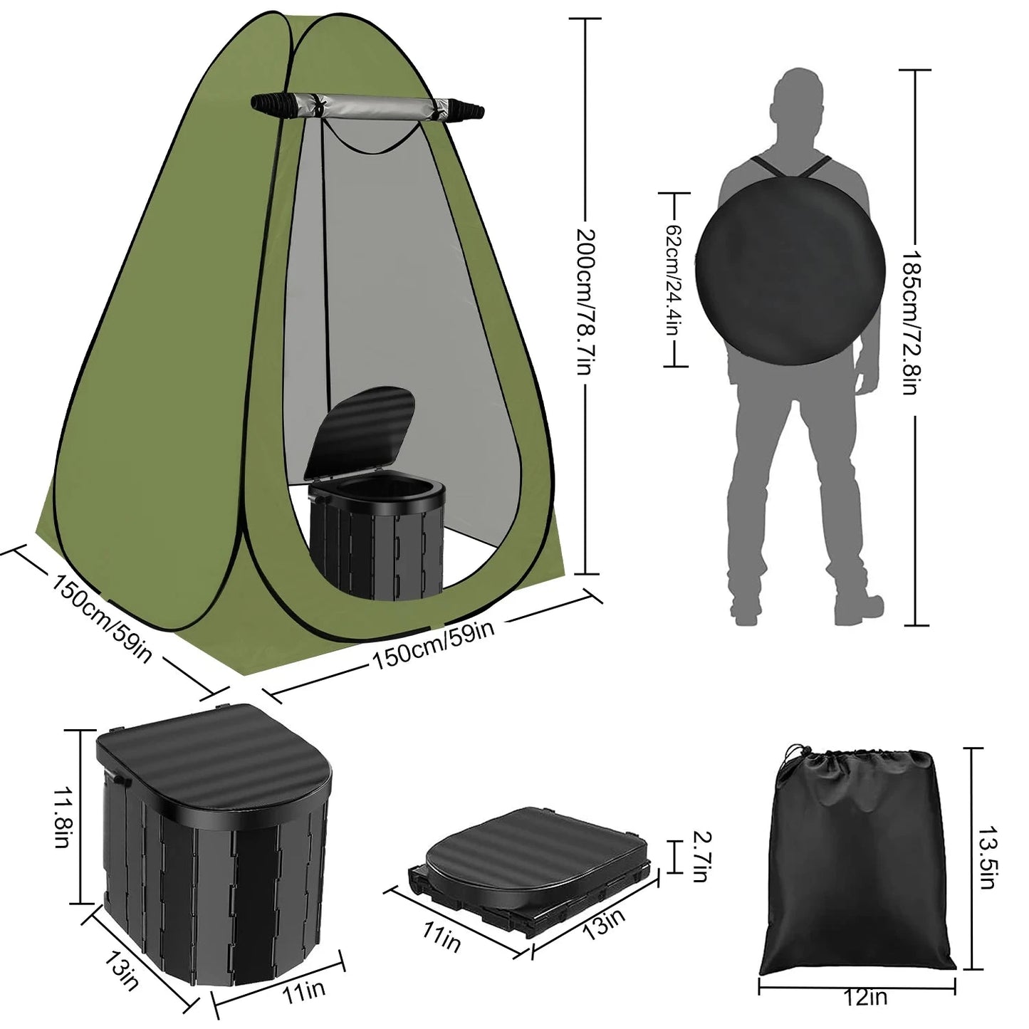 Camping Toilet with 1.5m Pop up Privacy Tent Large Portable GlowCart