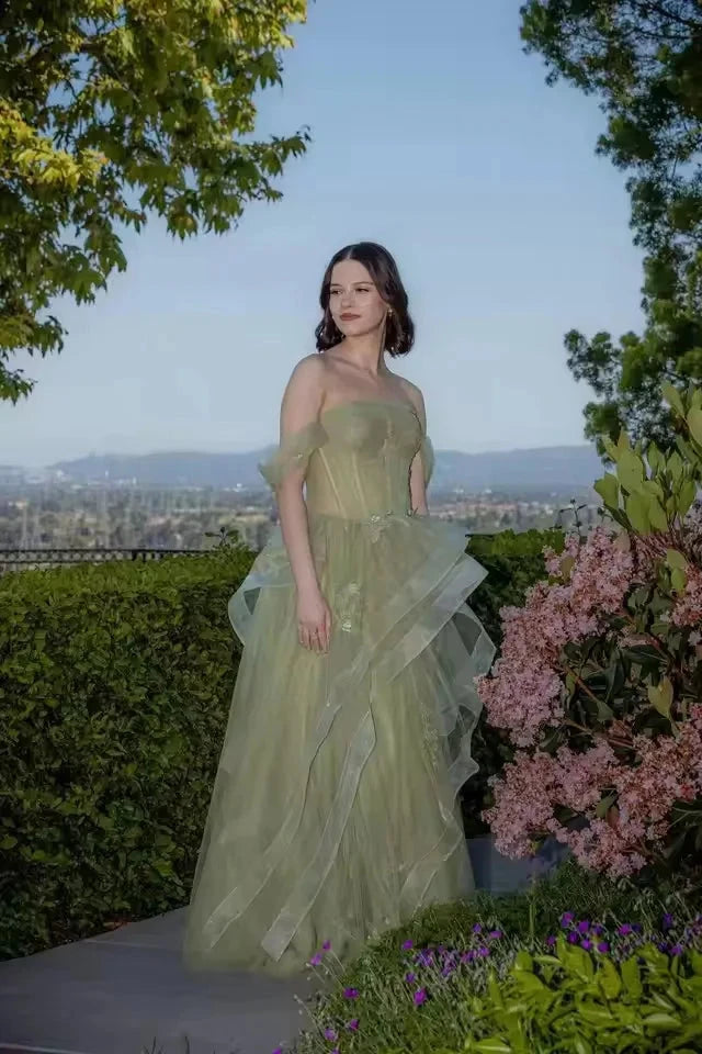ROSES Sage Green Prom Dress Appliques Tulle Celebrity GlowCart