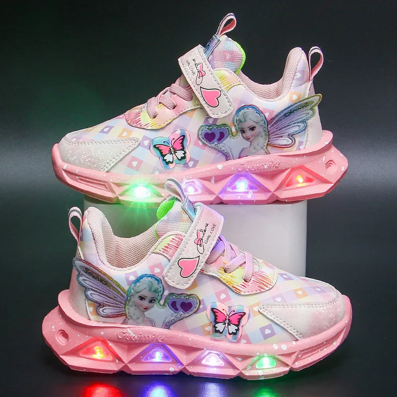 Disney Children's Sports Shoes Led Lights Sneaker Cartoon Frozen Princess  Elsa PU Leather Girls' Pink Children's Running Shoes GlowCart