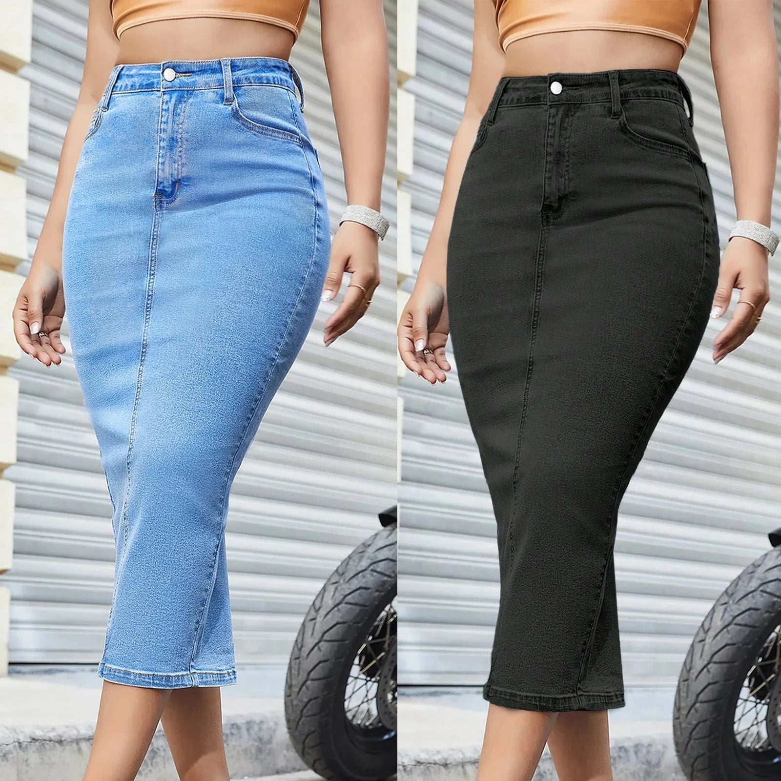 Women's High Waist Denim Hip Hugging Slim Fit Back Slit Skirt With Pockets Elegant Long Denim Skirts Summer Fashion Long Skirt GlowCart