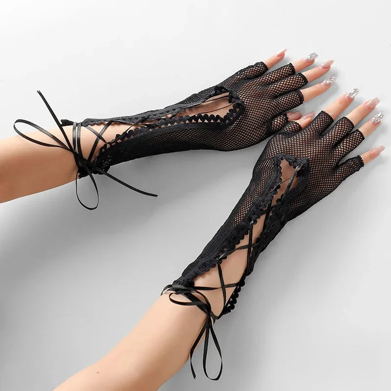 Women's summer sexy mesh strap gloves long half finger lace GlowCart