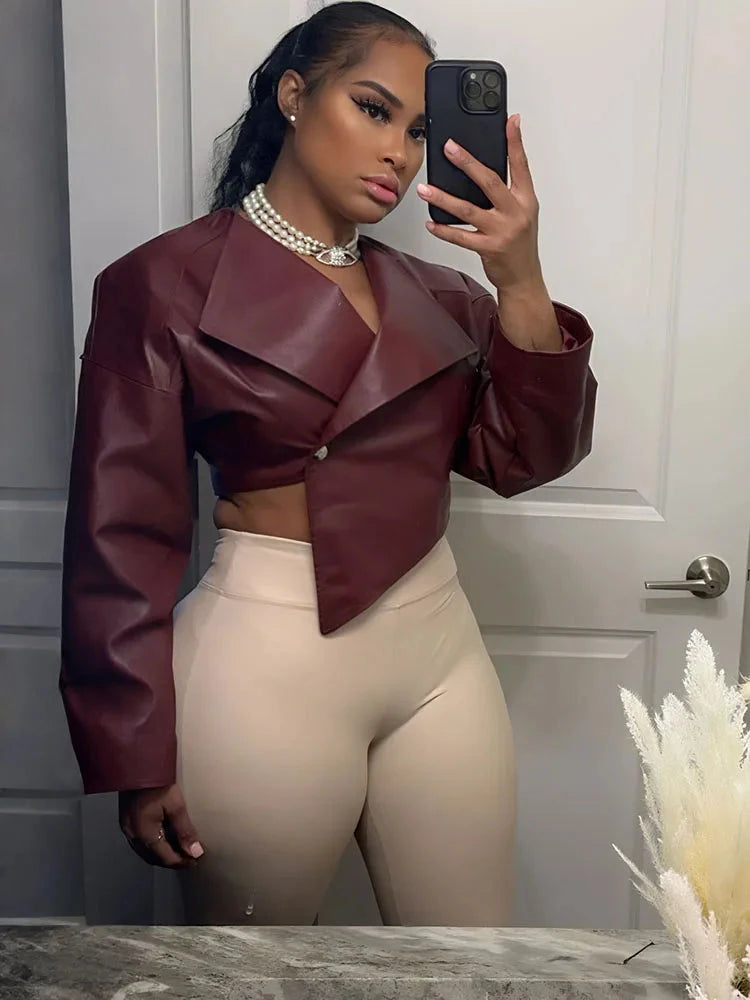 Sisterlinda Faux Leather Single Button Crop Jacket Women GlowCart